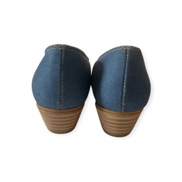 Vintage Blue Canvas Peep Toe Heels w/ Lace-Up Front | Stacked Heel | Size 7 - Picture 5 of 10